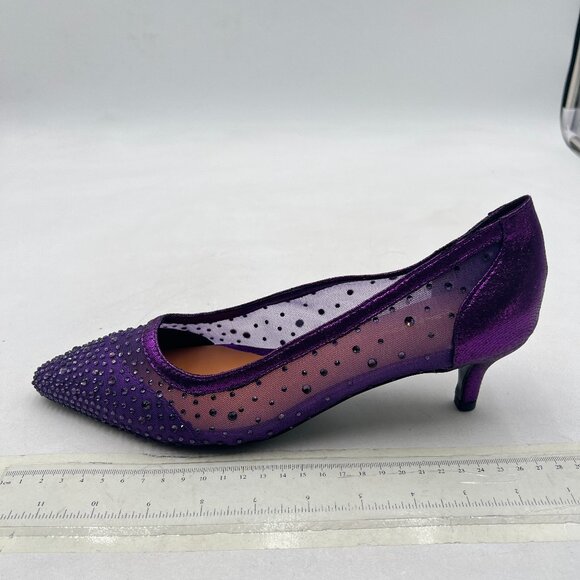 XYD Purple Pointed Toe Slip On Mesh Pumps Rhinestone Studs Kitten Heels Shoes - Picture 2 of 8